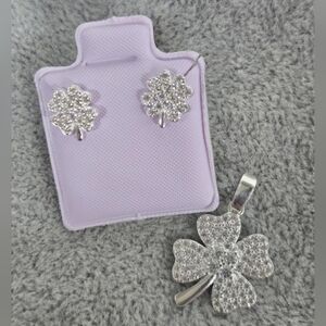 Set Pendant & Earrings Trebol 4-Leaf Clover Lucky Charm CZ Plata 925 Mex. Silver